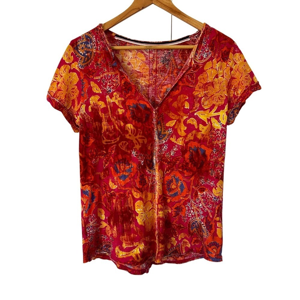 Anthropologie Pilcro Spliced-Neck Tee S Red Floral Paisley Cotton Modal Bohemian